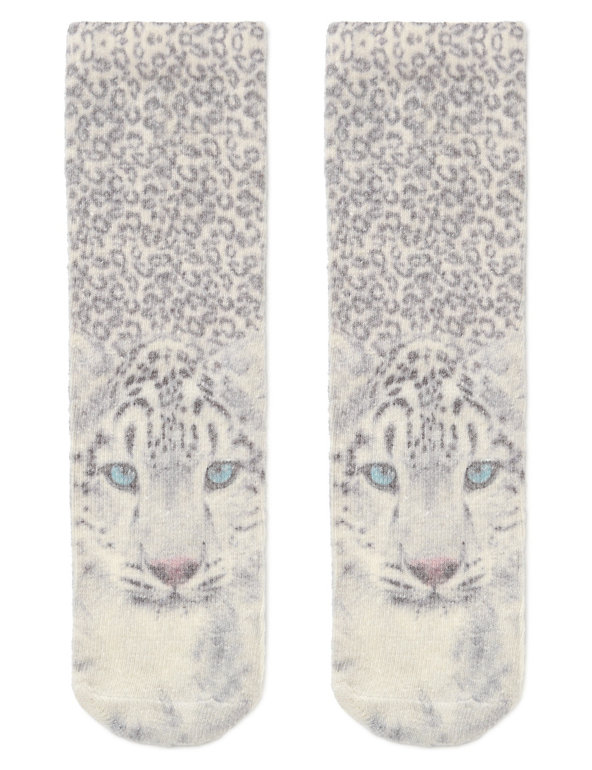 1 Pair of Leopard Sublimation Cosy Socks without Grippers with Wool (5-14 Years) Image 1 of 1