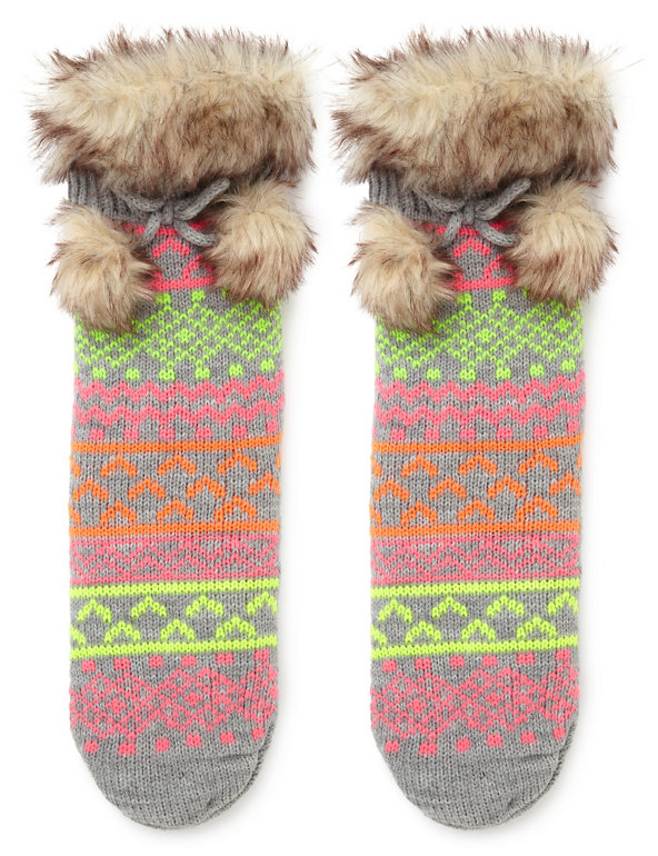 1 Pair of Neon Fair Isle Moccasin Slipper Socks with Grippers (5-14 Years) Image 1 of 2