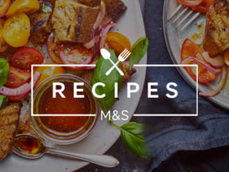 M&S Recipes logo overlayed over tomato salad