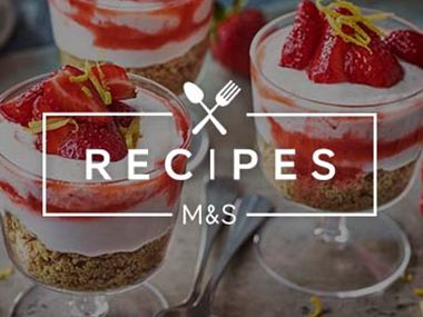 M&S Recipes logo superimposed over image of strawberry cheesecake pots