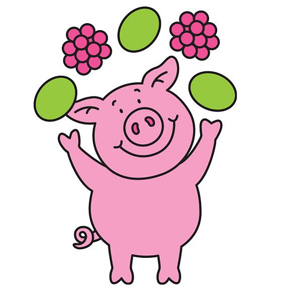 Percy Pig juggling fruit