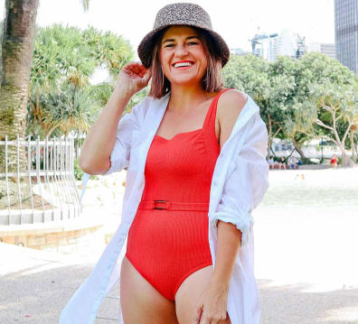 Red belted swimsuit sale