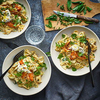 Roast squash and ricotta pasta with burrata