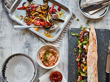 Roasted vegetable baguette with sundried tomato goats’ cheese