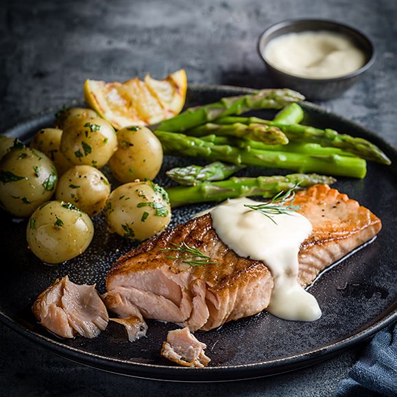 Salmon with asparagus, jersey royals and hollandaise