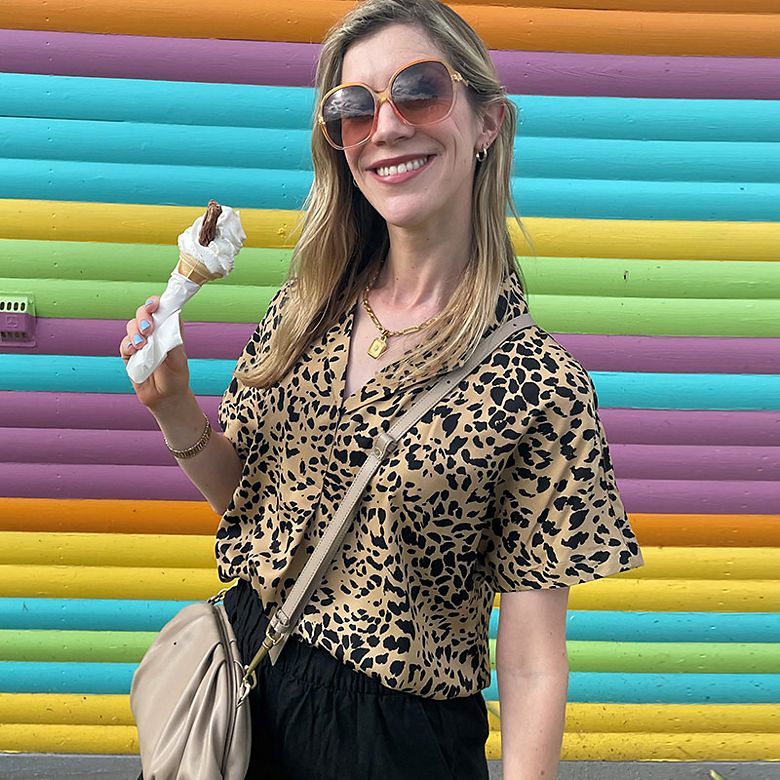 M&S Insider Sophie wearing a leopard-print pop-over blouse