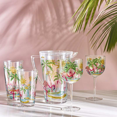Flamingo-design plastic picnic jug, tumblers and wine glasses 