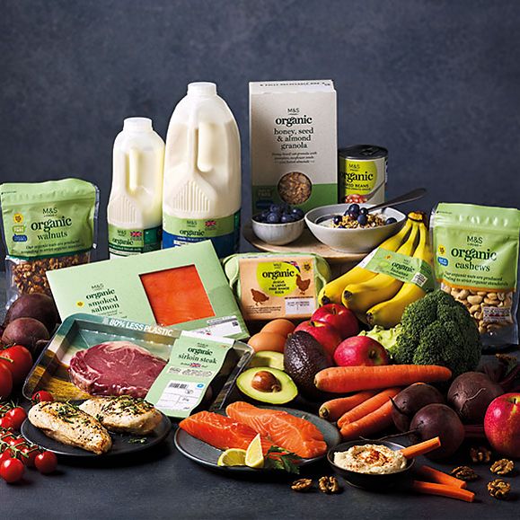 A selection of organic M&S produce including salmon, lamb, milk, cheese, fruit and salad