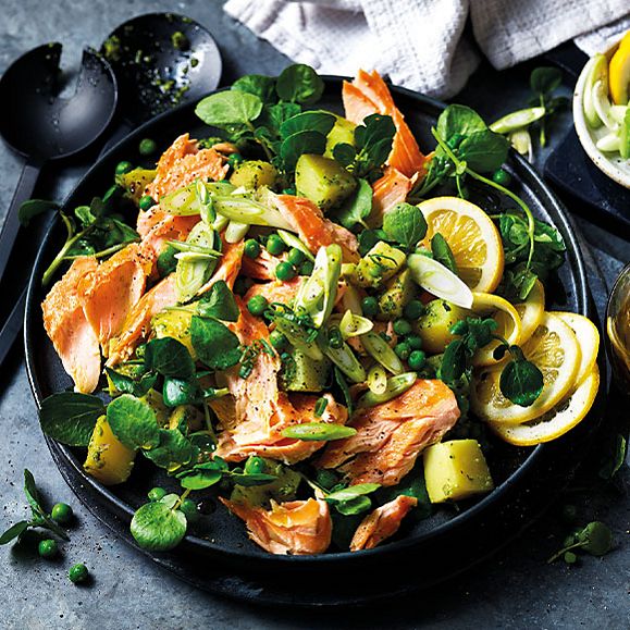 Honey-roast salmon with a Jersey Royal, pea and mint salad 