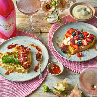 Valentine's Day brunch table with heart-shaped crumpets and on plates