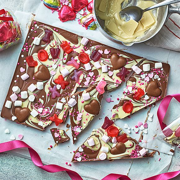 M&S Valentine's Day recipe of chocolate love bark on table