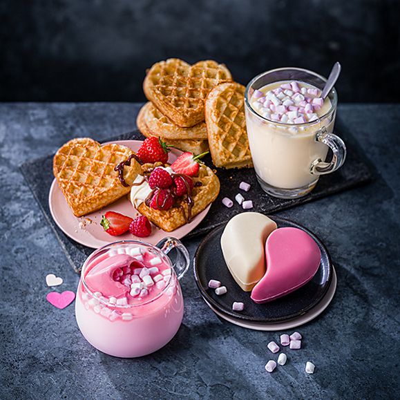 Heart-shaped waffles and hot chocolate love bombs 