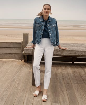 denim shirt and white pants outfit