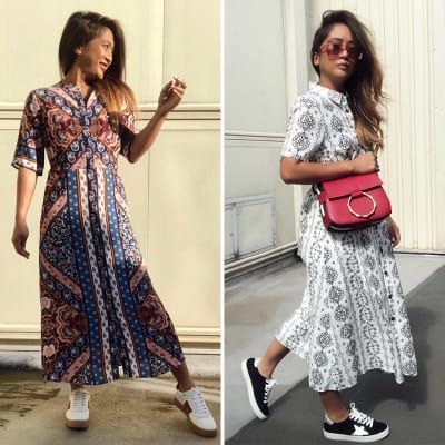 M&S Insider Sam wearing printed shirt dresses