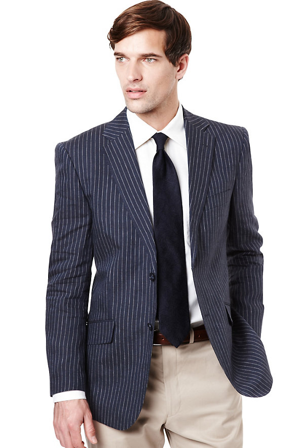 2'' Longer Pure Linen Slim Bold Striped Jacket Image 1 of 1