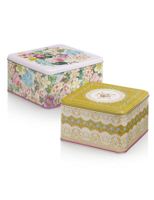 2 Antique Floral Square Cake Tins M&S