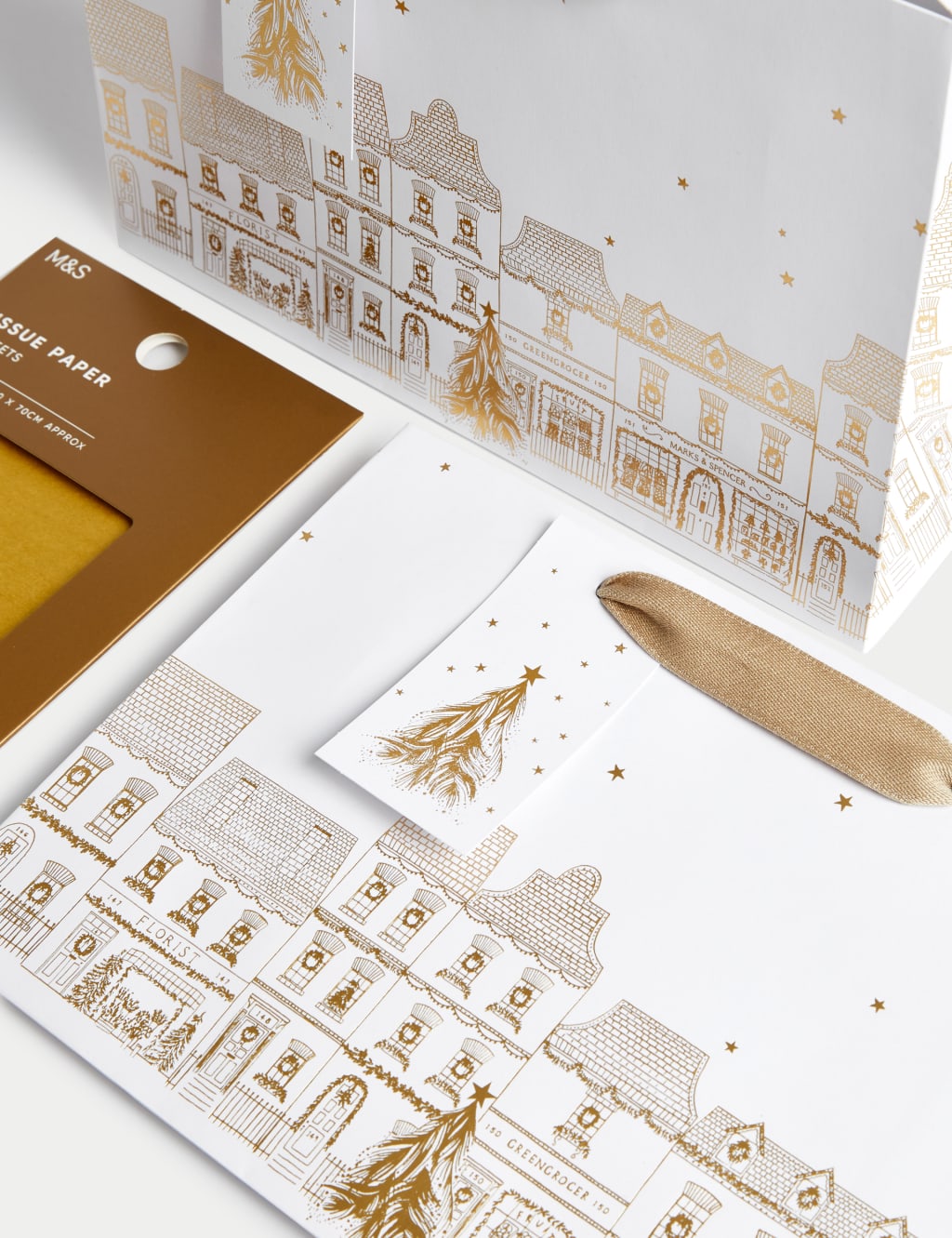 2 Gold Town Scene Medium Christmas Gift Bags & Tissue Paper M&S