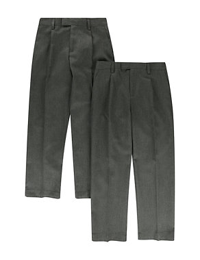 2 Pack Boys' Crease Resistant Adjustable Waist Pleat Front Supercrease™ Trousers with Triple Action Stormwear™ Image 2 of 4