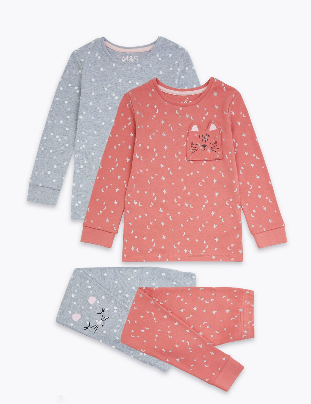 2 Pack Cotton Cat Print Pyjama Sets (1-7 Years) 1 of 6