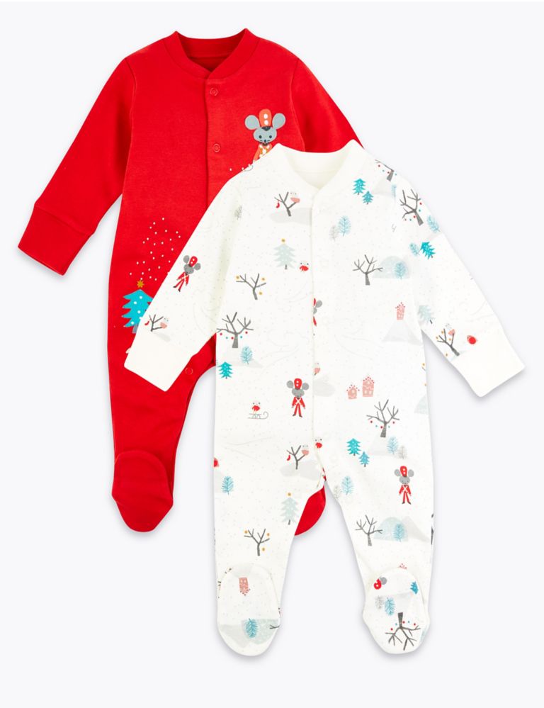 2 Pack Cotton Christmas Sleepsuits (7lbs-18 Mths) 1 of 6