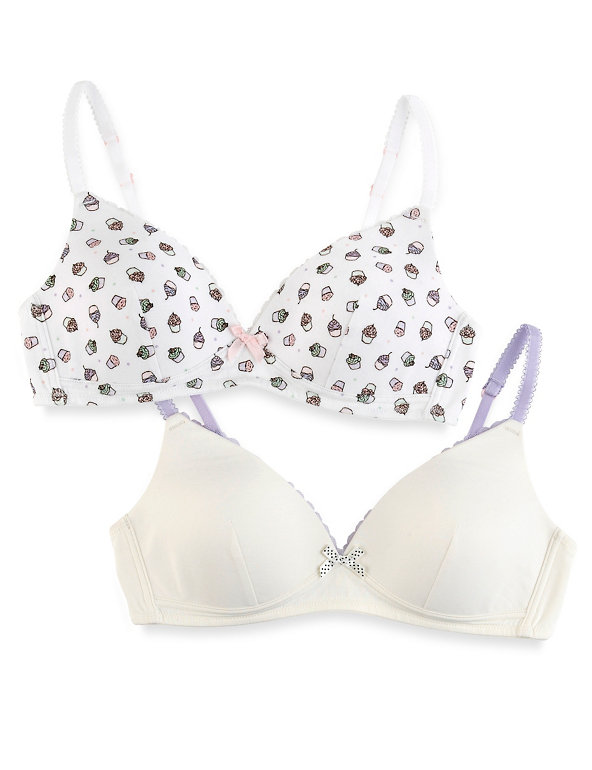 2 Pack Cotton Rich Cupcake Print Non-Wired Bras Image 1 of 2