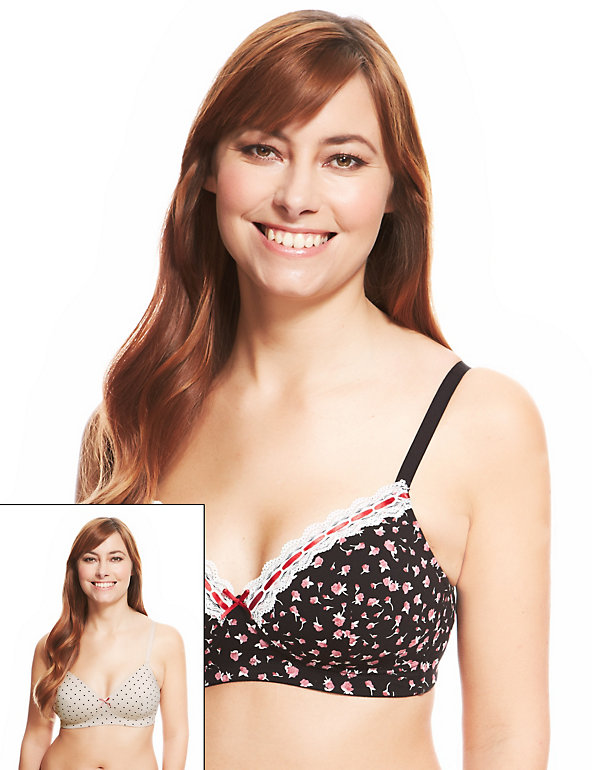 2 Pack Cotton Rich Post Surgery Floral & Spotted Padded A-DD Bras, M&S  Collection