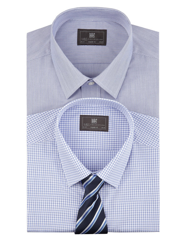 2 Pack Easy to Iron Plain & Gingham Checked Shirts with Tie Image 1 of 1