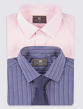 2 Pack Easy to Iron Plain & Striped Shirts with Tie Image 2 of 9