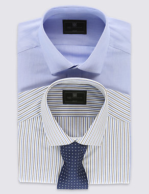 2 Pack Easy to Iron Slim Fit Striped Shirts with Tie Image 2 of 9