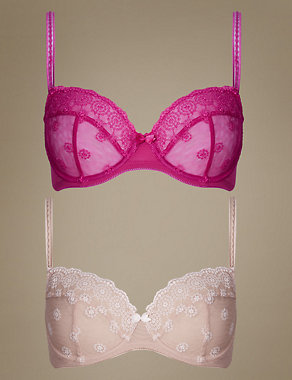2 Pack Embroidered Non-Padded Balcony Bra A-E Image 2 of 5