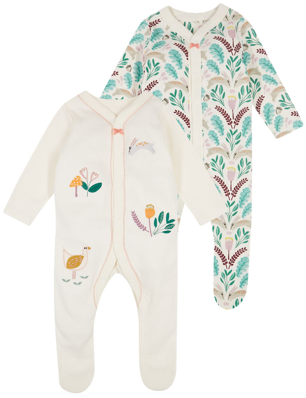 2 Pack Embroidered Pure Cotton Sleepsuits 6 of 8