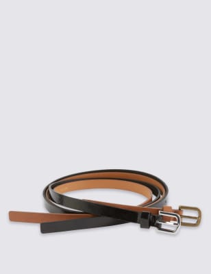 2 Pack Faux Leather Square Buckle Skinny Hip Belts M&S Collection M&S