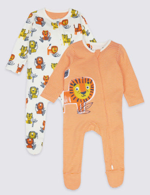 2 Pack Lion Pure Cotton Zip Sleepsuits M S