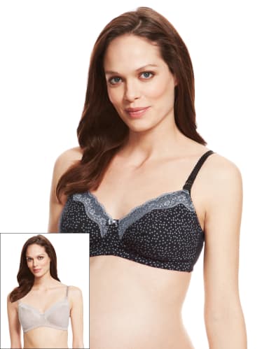 2 Pack Maternity Cotton Rich Spotted Non-Wired Nursing Bras B-G 1 of 6