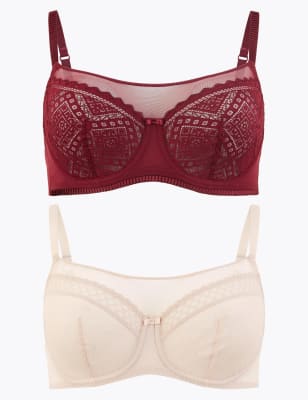 3pk Lace & Mesh Wired Balcony Bras A-E, M&S Collection