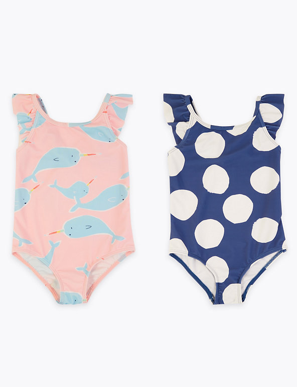 2 Pack Narwhale & Spotted Print Swimsuits (2-7 Yrs) Image 1 of 2