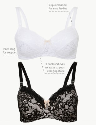 Marks and Spencer Women's 2 Pack Floral Lace Nursing Bras, Black