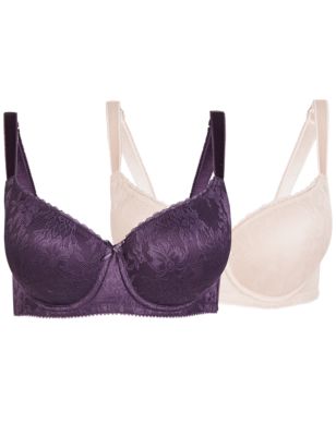 2 Pack Padded All Over Lace Balcony Bra DD-G, M&S Collection