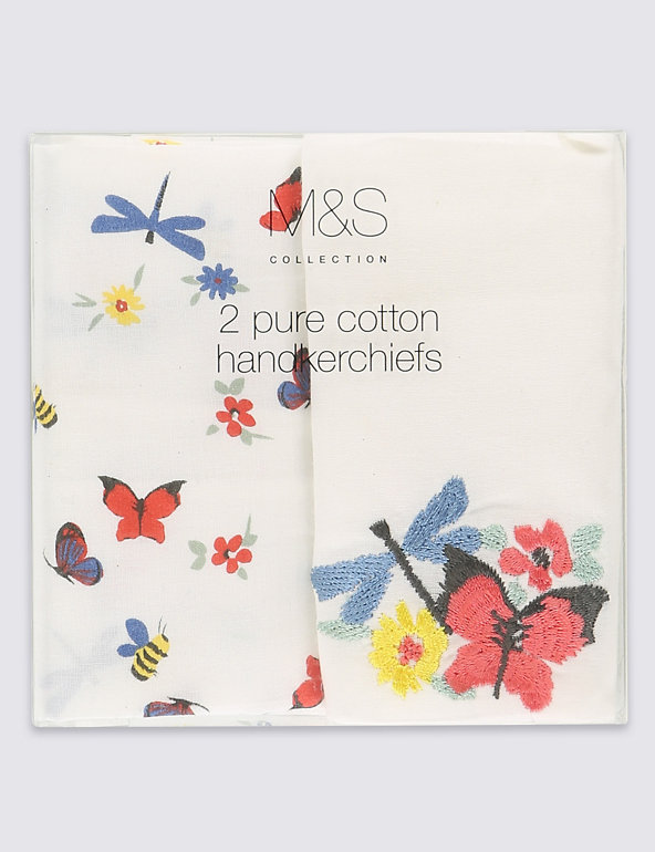 2 Pack Pure Cotton Butterfly Embroidered Handkerchiefs Image 1 of 2