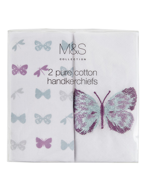 2 Pack Pure Cotton Butterfly Handkerchiefs Image 1 of 2