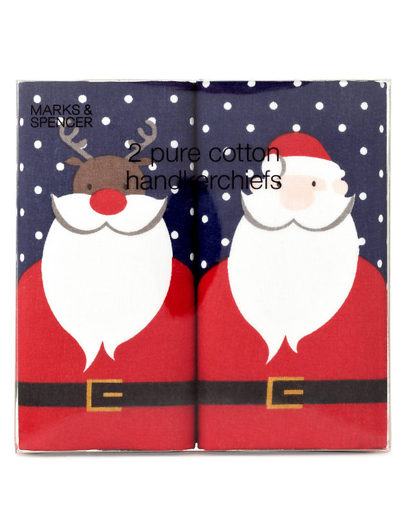 2 Pack Pure Cotton Christmas Handkerchiefs Image 1 of 2