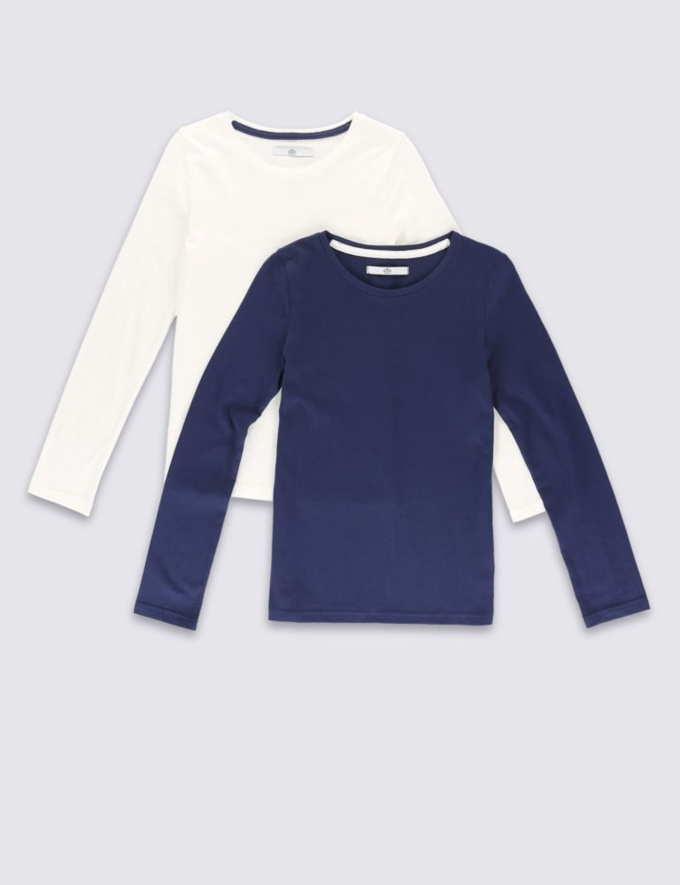 2 Pack Pure Cotton Long Sleeve T-Shirts (5-14 Years) 1 of 6