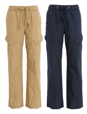 2 Pack Pure Cotton Pull On Trousers (5-14 Years) Image 2 of 6