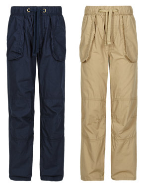 2 Pack Pure Cotton Pull On Trousers (5-14 Years) Image 2 of 3