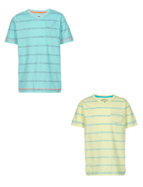 2 Pack Pure Cotton Reverse Striped Slub T-Shirts Image 2 of 5