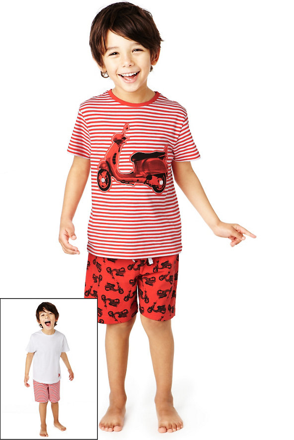 2 Pack Pure Cotton Scooter & Striped Short Pyjamas Image 1 of 1