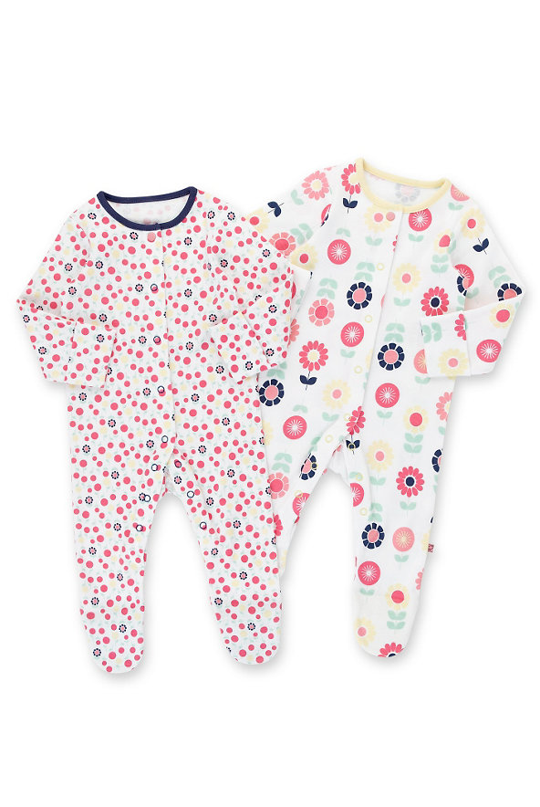 2 Pack Pure Cotton Spotted & Floral Sleepsuits Image 1 of 1