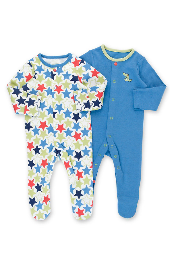 2 Pack Pure Cotton Star & Crocodile Sleepsuits Image 1 of 1