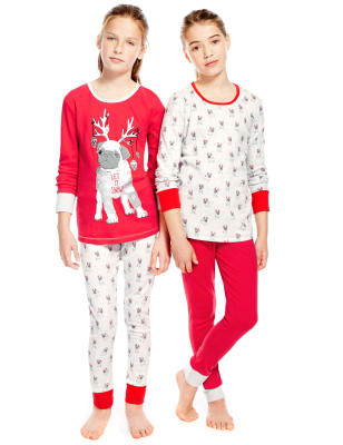 2 Pack Pure Cotton Stay Soft Christmas Pug Pyjamas 5 14 Years M S