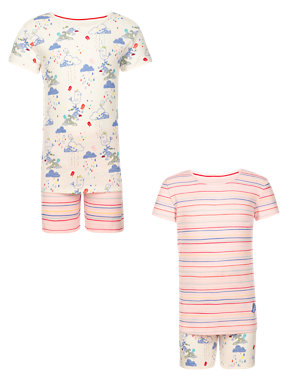 2 Pack Pure Cotton Striped & Bird Print Short Pyjamas (1-7 Years) Image 2 of 4